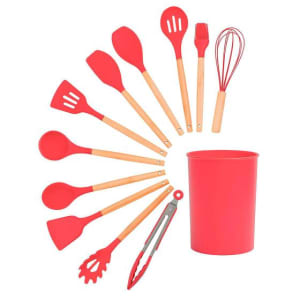 Kit 11 Utensílios de Cozinha de Silicone e Madeira com Suporte - Oikos