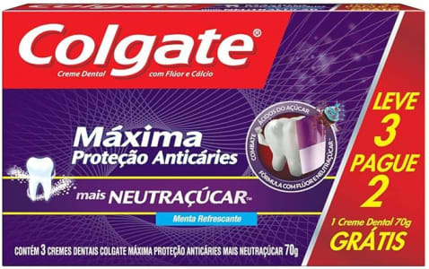 Colgate Creme Dental Máxima Proteção Anticáries Mais Neutraçúcar 70G Promo Leve 3 Pague 2