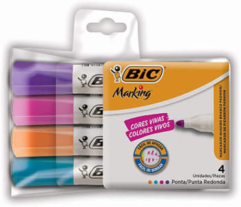 Pincel Marcador de Quadro Branco BIC Marking, c/ 4 Cores Fashion, Ponta Redonda e Resistente, 930094