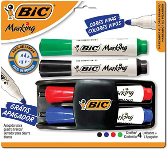 Kit 4 Marcadores de Quadro Branco BIC Marking Cores Clássicas + 1 Apagador, Ponta Resistente, Apaga Fácil, 970929