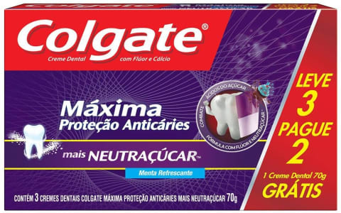 Creme Dental Colgate Máxima Proteção Anticáries Mais Neutraçúcar 70g Promo Leve 3 Pague 2