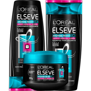 Kit Shampoo Fortificante Elseve Arginina Resist X3 Restituição de Massa 400ml + Condicionador Fortificante Elseve Arginina Resist X3 Restituição de Massa  400ml + Creme de Tratamento Elseve Arginina Resist X3 Restituição de Massa 300gr (Cód. 133141886)