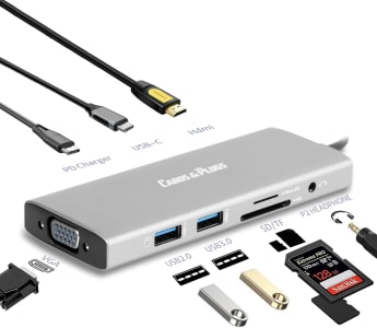 Hub USB-C 9 em 1, Cabos & Plugs, VGA, HDMI, PD Charger, P2 fone de ouvido, Leitor de Cartões SD/TF, portas USB-C, 2.0 e 3.0, compatível com Macbook, notebooks, tablets