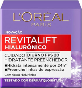 L'Oréal Paris Creme Facial Anti-Idade com Ácido Hialurônico Revitalift Diurno FPS 20, 49g