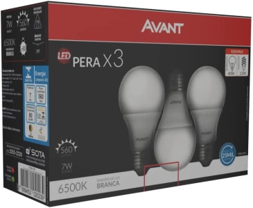 Kit com 3 Lâmpadas LED Avant bulbo 7W, soquete E27, luz branca, bivolt, 278061479