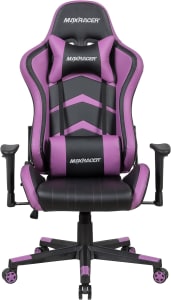 MAX RACER - Cadeira Gamer Aggressive - Poltronas Gamer de Aço, Cadeira Ergonômica para Jogos - Até 150kg, Giratória, Braços 1D, Tecido Sintético PVC, Inclinação 180°, Almofada Cervical e Lombar - Roxa