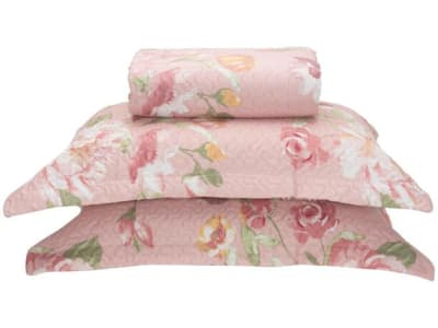 Colcha Casal Bett Design Microfibra Romantic Flowers Rosa 3 Peças