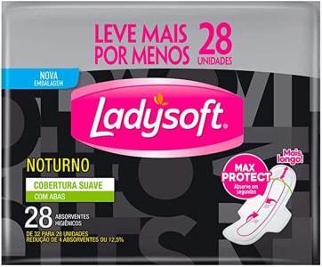 10 Unidades Absorvente Feminino Ladysoft Noturno Suave com Abas 28 Unidades
