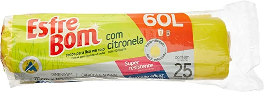 Saco Para Lixo Com Citronela ¨Odor Block¨, Rolo Com 25 Sacos De 60 Litros