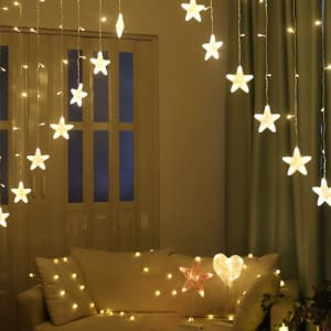 Cortina Led Porta De Entrada Decoração Estrelas 8 Funções Branca Quente