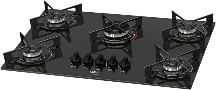 Fogão Cooktop Fischer 5Q FIT LINE Gás, Mesa de Vidro Temperado, Bivolt (Preto)