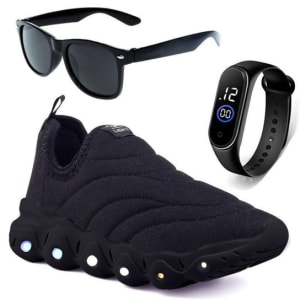 Tenis Infantil De Led Calce Facil Elastico Meninos Masculino + Oculos Relogio - Preto