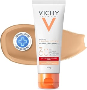 Vichy, Pigment Control, Protetor Solar Facial anti manchas com Alta cobertura, cor 2.0, Vitamina B3, Ácido Tranexâmico, FPS60, 40g