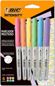 Pincel Marcador Permanente BIC Marking, Color Pastel, Ponta Média, 6 Cores, 891855, 6 Unidades, Tons Pastéis, Superfícies Diversas