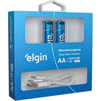 Pilha AA Comum Recarregável Elgin - USB-C Integrado, 2 Unidades