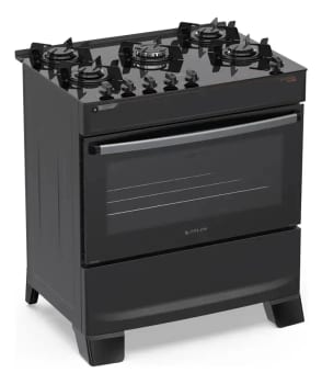 Fogão 5 Bocas Atlas Atenas Glass A Gás com Mesa de Vidro e Mega Chama Preto Bivolt