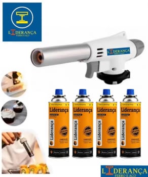 Kit Maçarico Portátil Automático Liderança Ferro E Aço para 1300°C com 4 Refis de Gás Butano