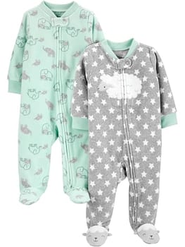 Simple Joys by Carter's Pacote com 2 pares de lã neutra com pés para dormir e brincar, Estrelas cinzas/elefante verde menta, 3-6 Meses