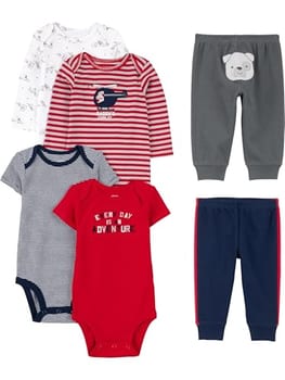 Simple Joys by Carter's Conjunto de 6 peças para bebês meninos (manga curta e comprida) e calça, Multicolorido/urso/cães/listras/impressão de texto