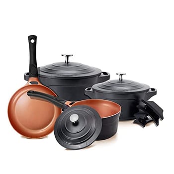LE COOK Jogo de Panelas Antiaderente Cerâmica Preto 4 Peças Caçarolas 20cm e 24cm, Panela 18cm e Frigideira 24cm com Cabos Destacáveis Alças de