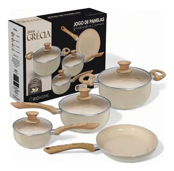 Jogo/conjunto/kit De Panelas Cerâmica Com 4 Pcs Antiaderente Cor Bege