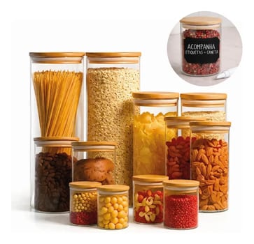 Kit 12 Potes Herméticos de Vidro com Tampa de Bambu | Inclui Etiquetas e Caneta branca | Capacidades 200ml, 250ml, 400ml, 600ml, 800ml, 2000ml