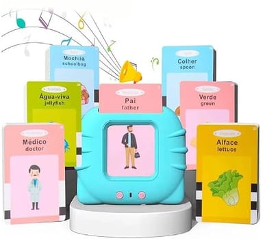Brinquedo Educativo Montessori Leitor de Cartões Flash Cards Bilíngue Português Inglês 112 Cartas 224 Palavras Alfabetização Infantil Tablet Sonoro
