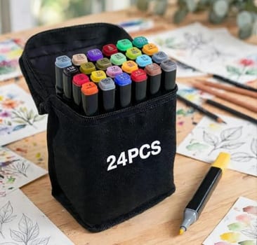Kit de 24 Canetas Marcador Permanente Ponta Dupla Coloridas para Desenho Profissional Escolar Infantil com Estojo Organizador Base Artista Canetinhas