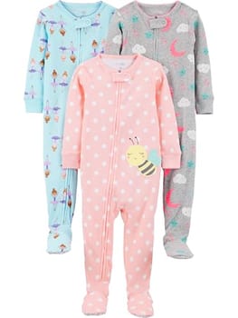 Simple Joys by Carter's Pacote com 3 pijamas de algodão com pés de ajuste confortável para meninas, Bailarina/abelhas/lua, 18 Meses