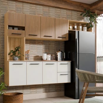 Armário de Cozinha Completa Aéreo 7 Portas e 2 Gavetas Planejada Suspenso Branco Off White Ripado 3D Carvalho Nature Amadeirado Juliana