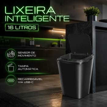Lixeira Inteligente 16 Litros Com Sensor Automático Recarregável Usb Tampa Touchless Anti Odor Ideal Para Banheiro Cozinha Escritório Cor Preto