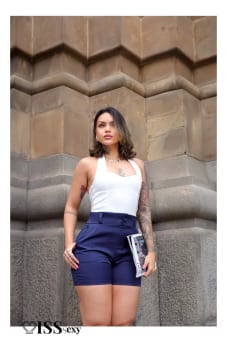 Shorts Alfaiataria Feminino Social Cintura Alta Bolsos Verão