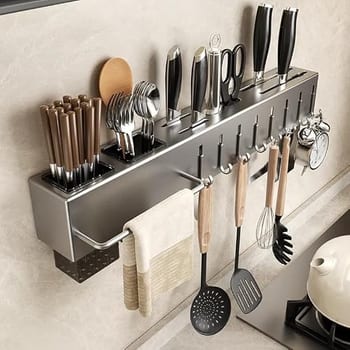 Organizador Multiuso/Suporte de Parede/Porta Utensílios, Talheres e Porta Pano de Pratos com 8 ganchos 50cm, em metal, super resistente, moderno e