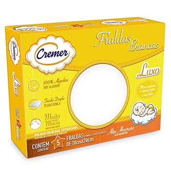 Cremer Fralda Luxo Branca 70 X 70 Cm Pc Com 5 Unidades (Embalagem Pode Variar)