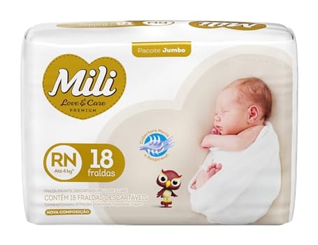 Mili Fralda Infantil Love & Care Recém Nascido RN, Alta Absorção, Ajuste Confortável, 18 Unidades