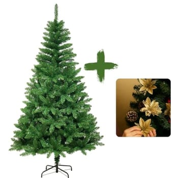 Árvore de Natal Tradicional, 2,10m, 1150 Galhos, com Flores Douradas Decorativas