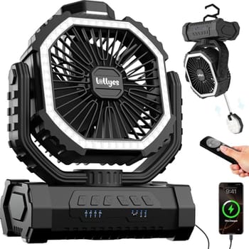 LOLLYES Ventilador de Acampamento Recarregável ar Livre com Luz Bateria de 20000mAh Gancho Giratório 360° 4 Velocidades para uso Interno, Viagens