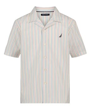 Nautica Camisa masculina de manga curta com botões, leve e respirável, Listras arco-íris em branco brilhante, G-GG