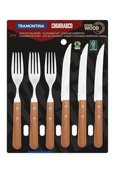 JOGO DE TALHERES PARA CHURRASCO DYNAMIC SORTIDOS COM LAMINAS DE ACO INOX E CABOS DE MADEIRA - 12 PEÇAS