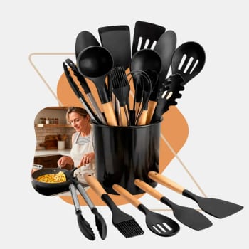 Kit 12 Utensílios Cozinha Silicone Cabo Madeira Escumadeiras
