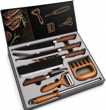 Kit Churrasco Madeirado, Conjunto 8 Peças, Facas Gourmet, Corte Navalha Antiaderente Premium - T2X Soluções (Madeirado)