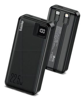 Power Bank Basike 20000mAh Preto, Carga Rápida 22.5W para iPhone e Samsung, Com Cabos Embutidos e Display