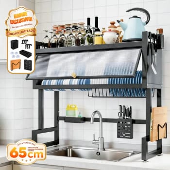 Escorredor de Louça para Pia NEXMIDIO 65 cm com 2 Andares, Porta-Talheres e Porta-Copos em Ferro Preto