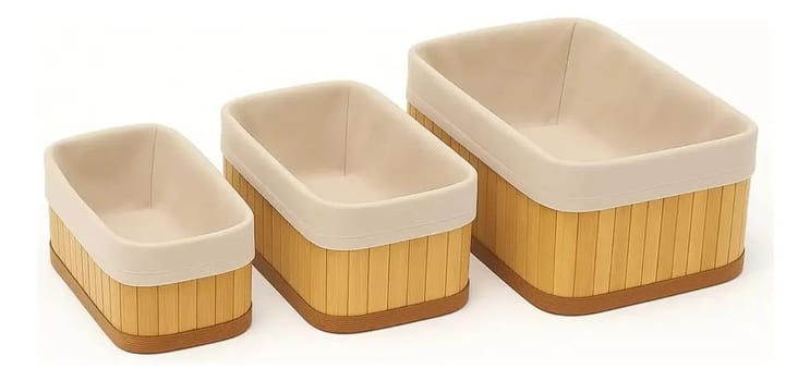 Conjunto 3 Cestos Rústico Decorativos Organizador Multiuso Natural Em Bambu Bege