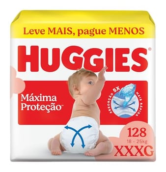 Fralda Descartável Huggies Máxima Proteção Tamanho XXXL 128 unidades – Fralda aberta com tecnologia Xtra-Flex, canais em X que se adaptam aos