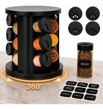 Porta Temperos Condimentos 9 Potes De Vidro Base Giratória 360° 9 Etiquetas Adesiva Organizador Cozinha Dosador Suporte Bancada Mesa Orégano Sal