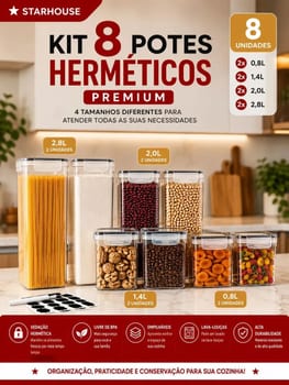 Kit 8 Potes Hermético Starhouse Mantimentos Quadrado Cozinha Super Vedação Lavável Livre De Bpa Transparente