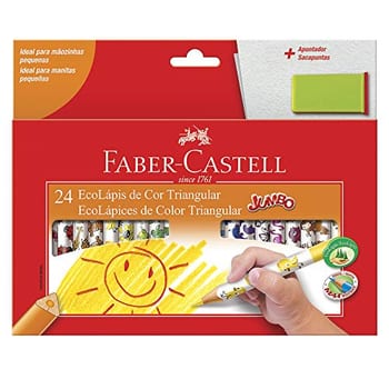 Lápis de Cor, Faber-Castell, Ecolápis Triangular Jumbo + Apontador com Depósito, 12.3024AP, 24 Cores