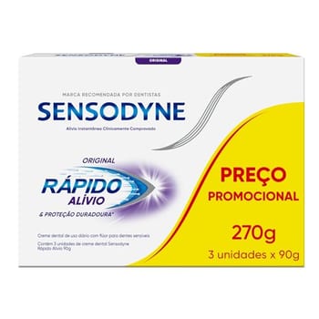 Sensodyne Creme Dental para Sensibilidade Rápido Alívio e Proteção Duradoura com Flúor, Leve 3 e Pague 2, Alívio Instantâneo, 90g cada