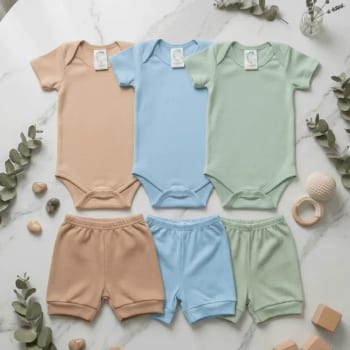 Kit 3 Conjuntos Bebê Algodão Body Manga Curta + Shorts Macio